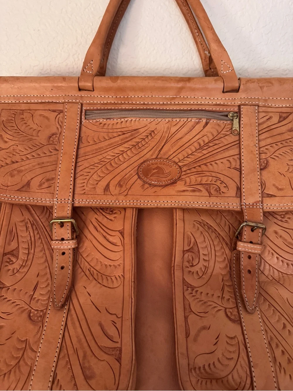 VTG Sergios Collection Genuine Leather Western Tooled Travel Bag Weekend Duffel